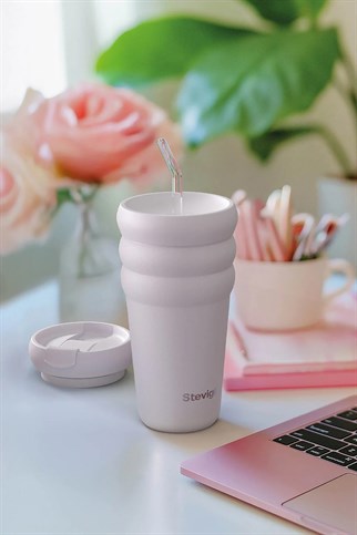 Stevig 3 Bubble Two-Cap Straw Tumbler Çelik Termos Lilac Hint 600 ml