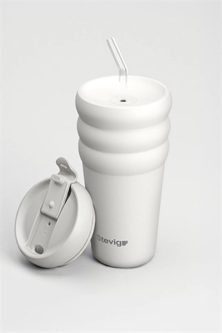 Stevig 3 Bubble Two-Cap Straw Tumbler Çelik Termos White Stone 600 ml