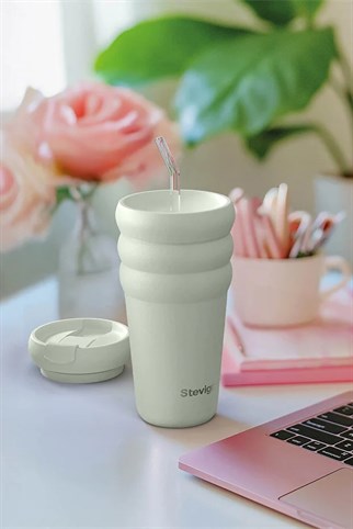 Stevig 3 Bubble Two-Cap Straw Tumbler Çelik Termos Lightest Sky 600 ml