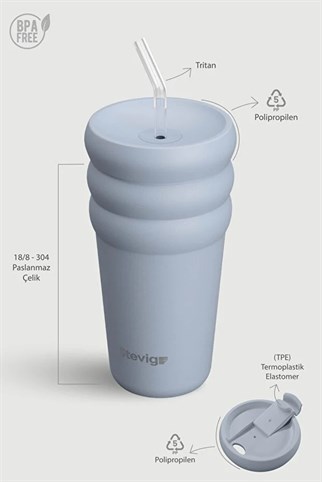 Stevig 3 Bubble Two-Cap Straw Tumbler Çelik Termos Zen Blue 600 ml
