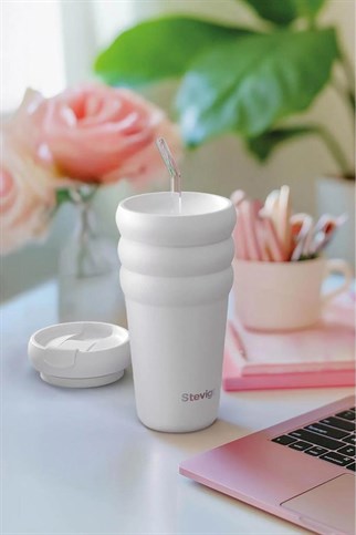 Stevig 3 Bubble Two-Cap Straw Tumbler Çelik Termos White Stone 600 ml