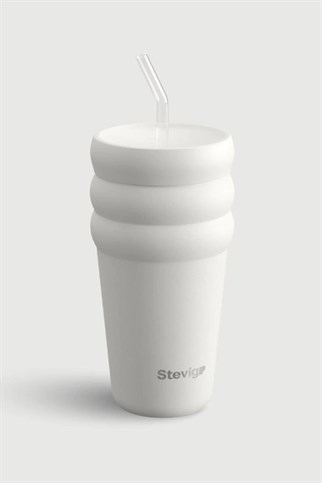Stevig 3 Bubble Two-Cap Straw Tumbler Çelik Termos White Stone 600 ml