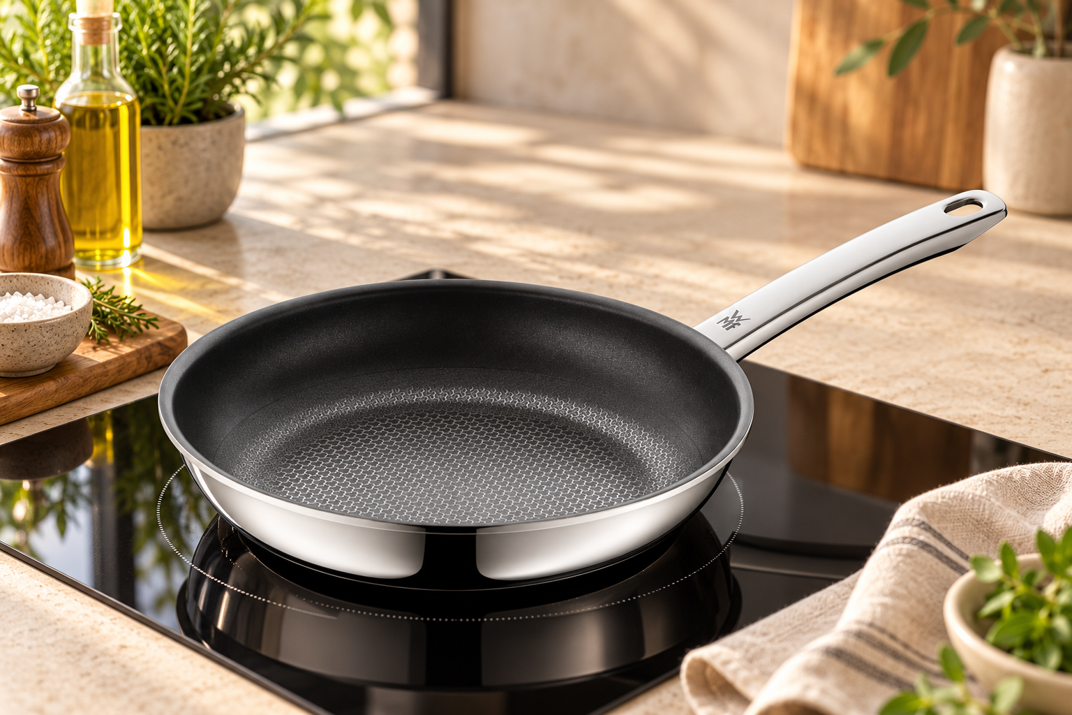 Modern mutfakta ocak üzerinde WMF Profi Resist 28 cm tava