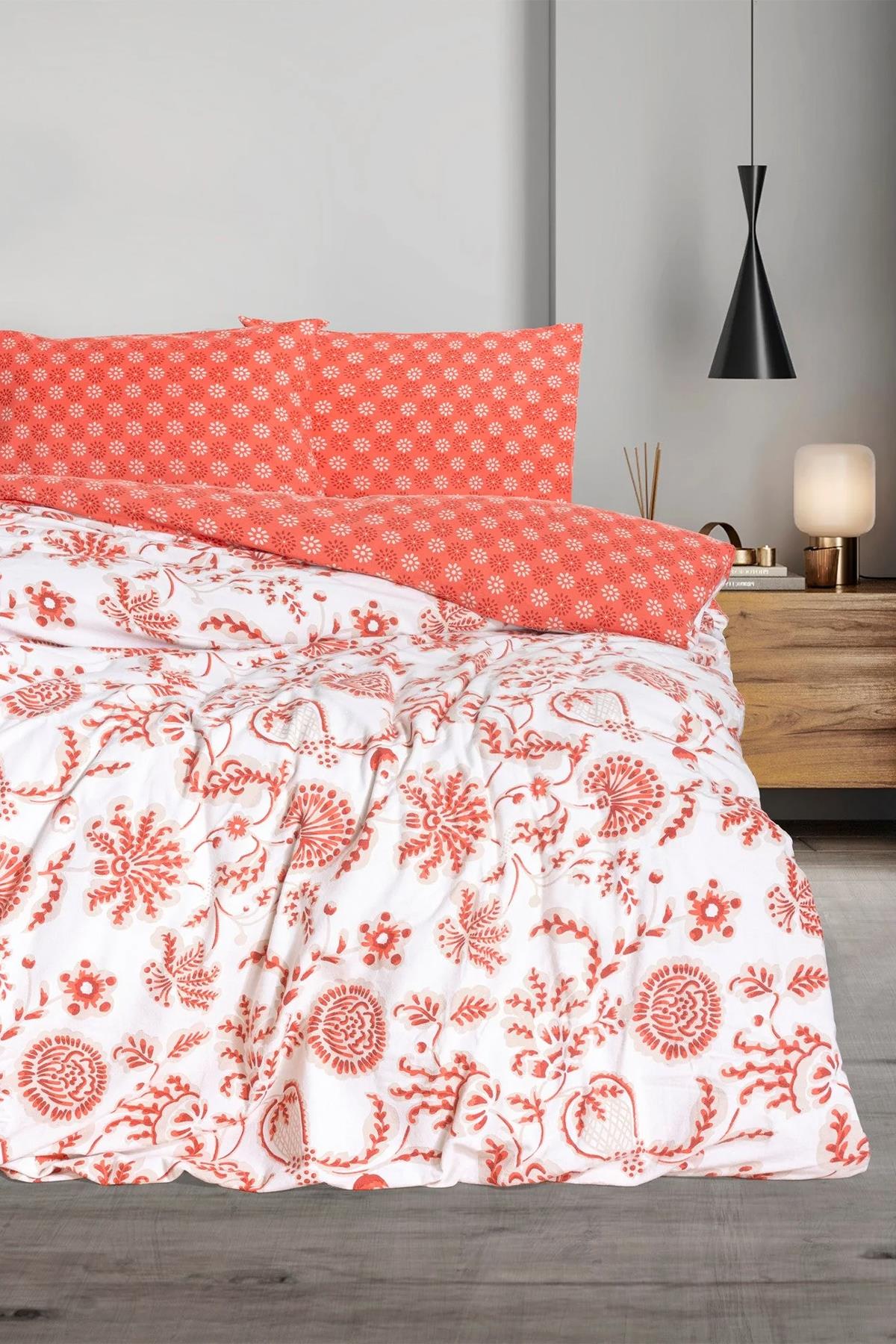 Cotton Box Flanel Nevresim Takımı Flowerland Tek Kişilik Kırmızı