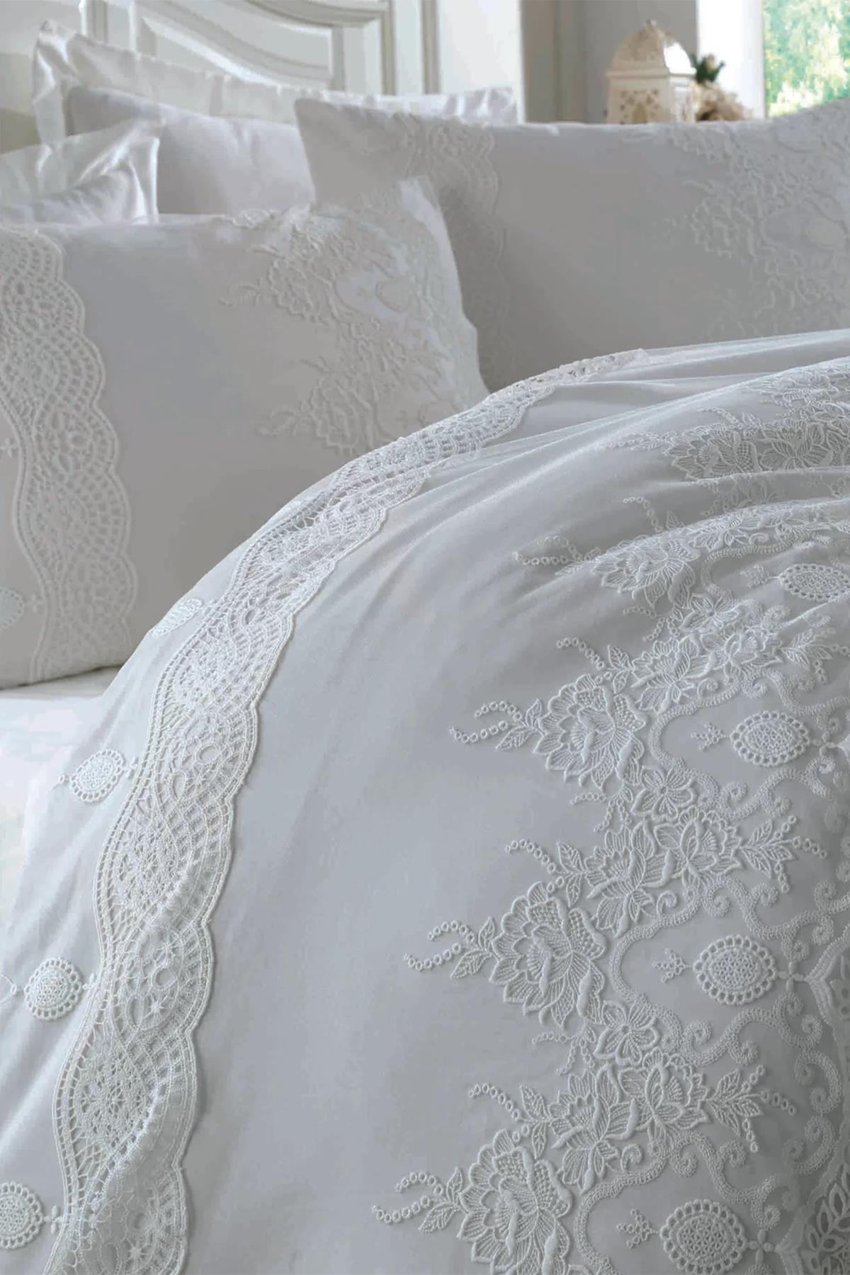 Dantela Duru Gipürlü Pamuk Saten Gelin Nevresim Seti