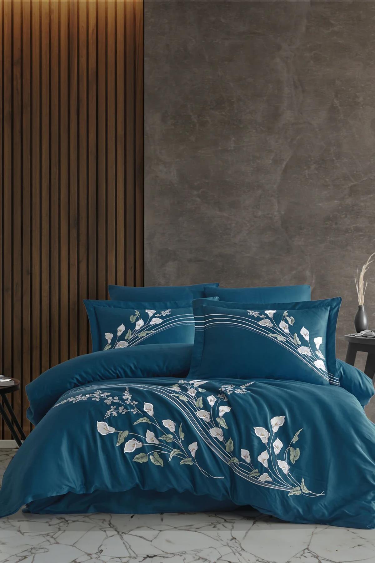 Dantela Vita Cala Nakışlı Pamuk Saten Nevresim Takımı Petrol