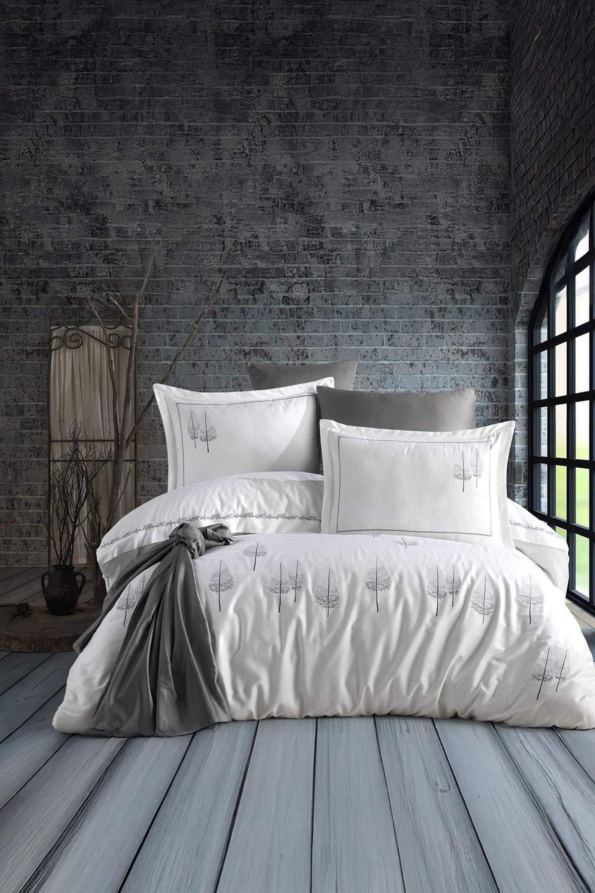 Dantela Vita Pamira Nakışlı Pamuk Saten Nevresim Takımı Beyaz-Antrasit