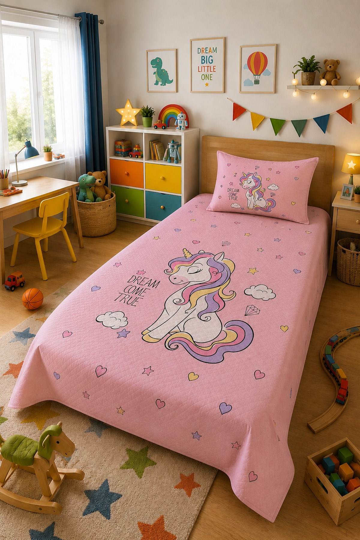 Evdek Bebek ve Çocuk Odası Dream Unicorn – Unicorn Tek Kişilik Pike Takımı 160X230 Cm 6ETD6 - 7063314