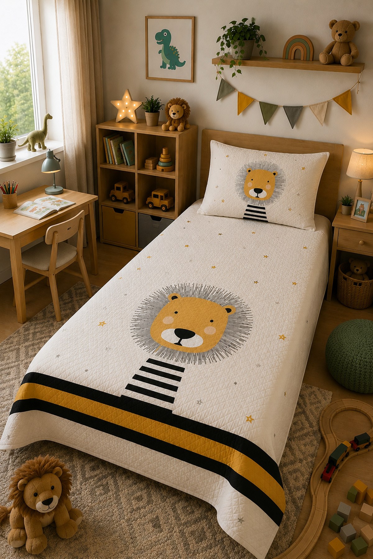 Evdek Bebek ve Çocuk Odası Little Lion – Minik Aslan Tek Kişilik Pike Takımı 160X230 Cm 6ETD8 - 7063338