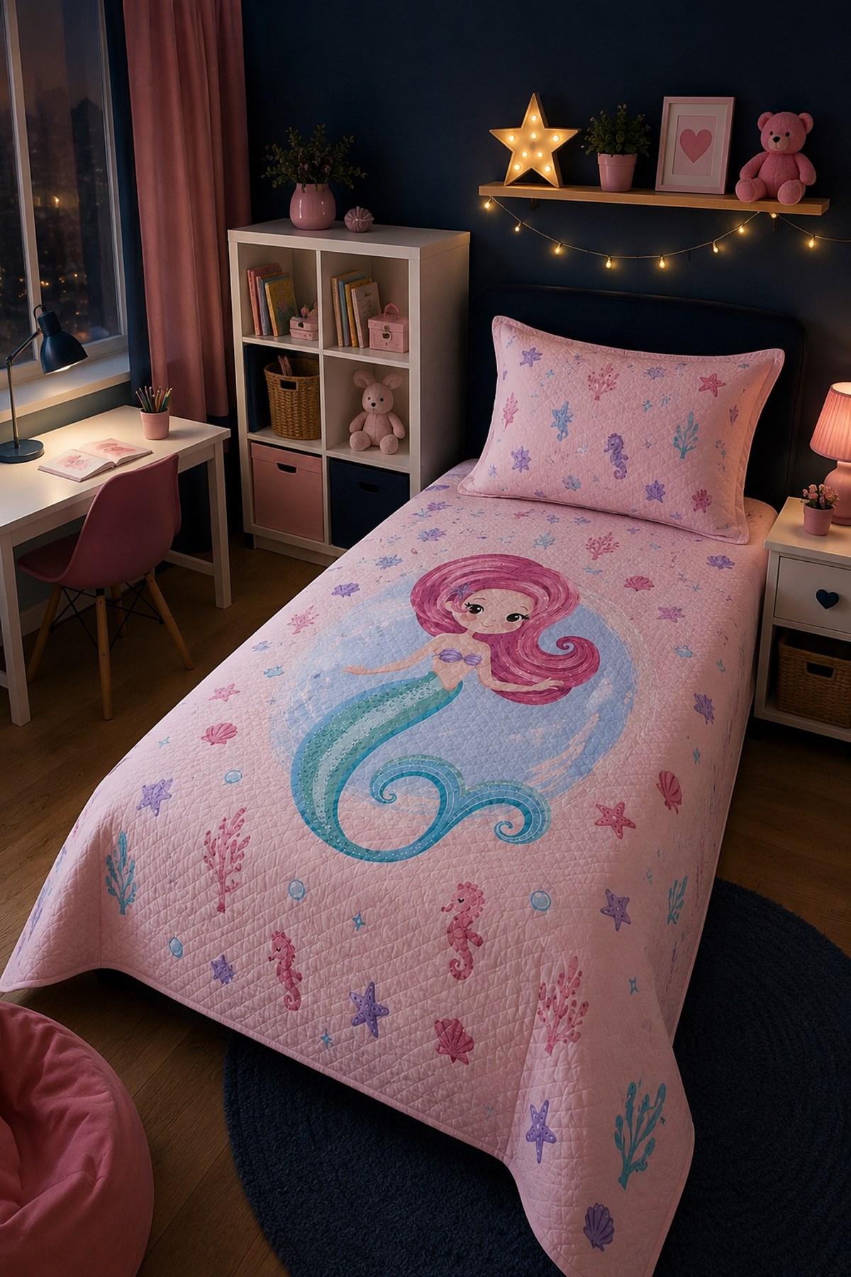 Evdek Bebek ve Çocuk Odası Mermaid Pearl – İnci Deniz Kızı Tek Kişilik Pike Takımı 160X230 Cm 6ETD14 - 7063390