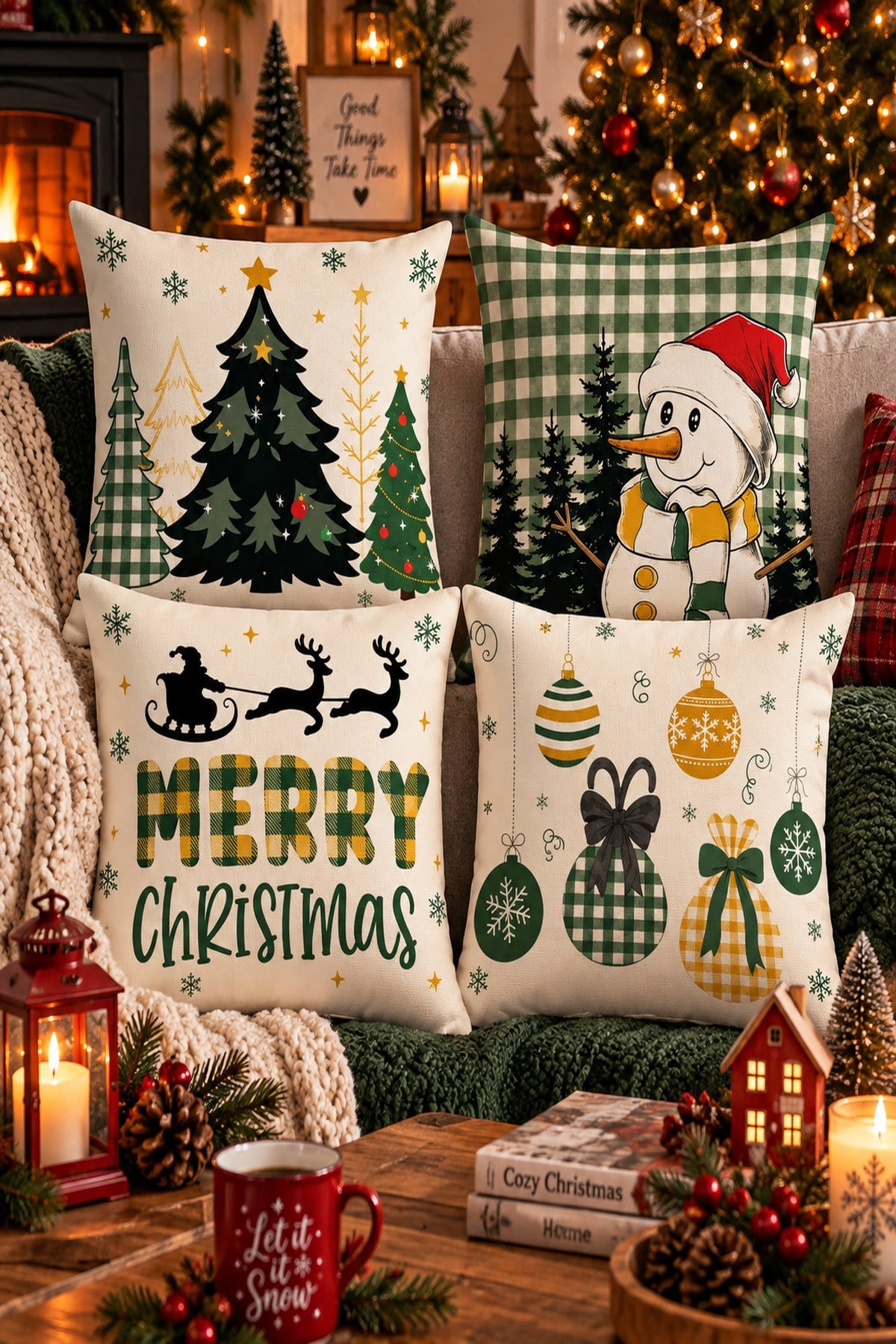 Evdek Christmas Çift Tarafı Baskılı 4’lü Kırlent Kılıfı 6ECHD9 - 7065912