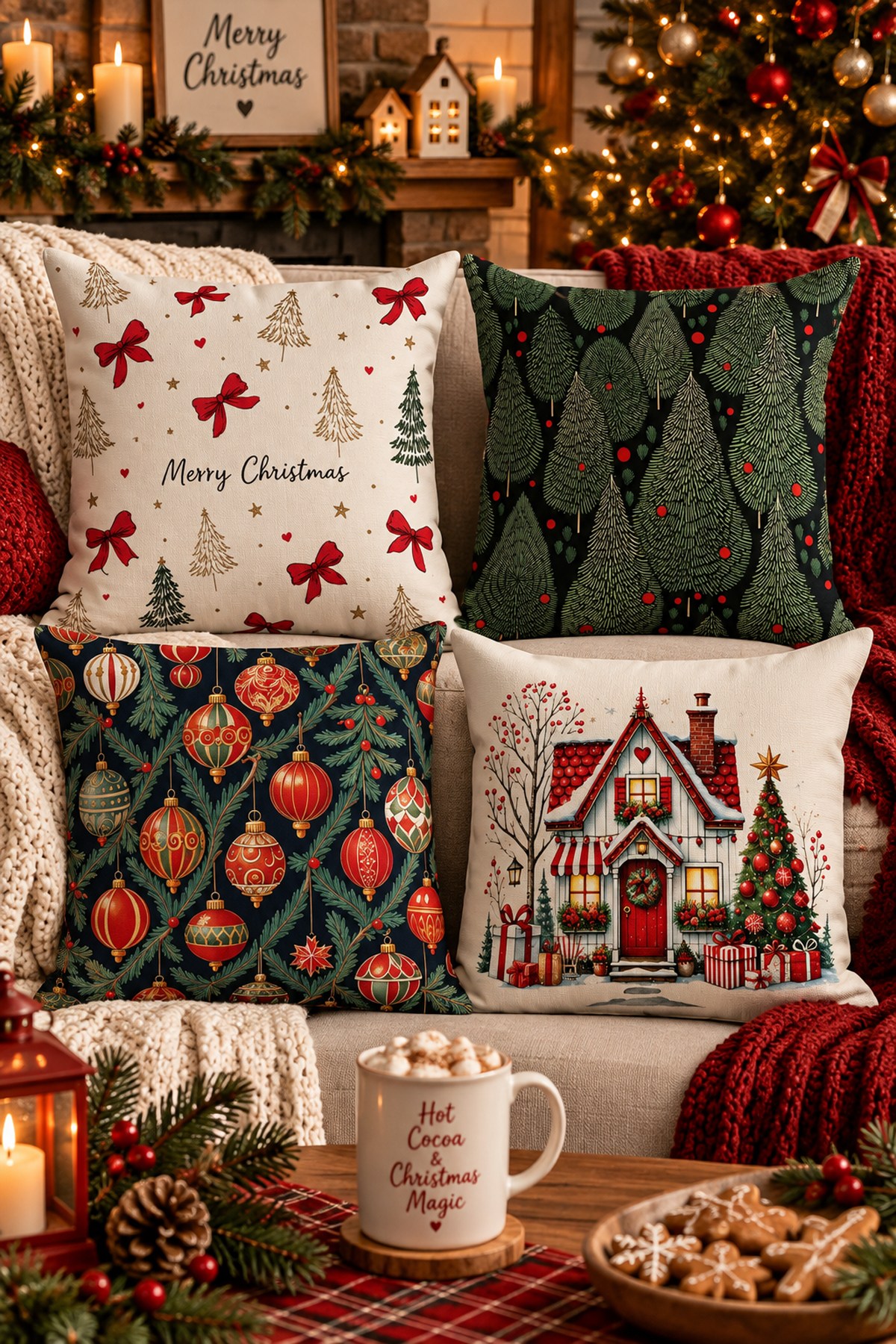 Evdek Christmas Çift Tarafı Baskılı 4’lü Kırlent Kılıfı 6ECHD5 - 7065875