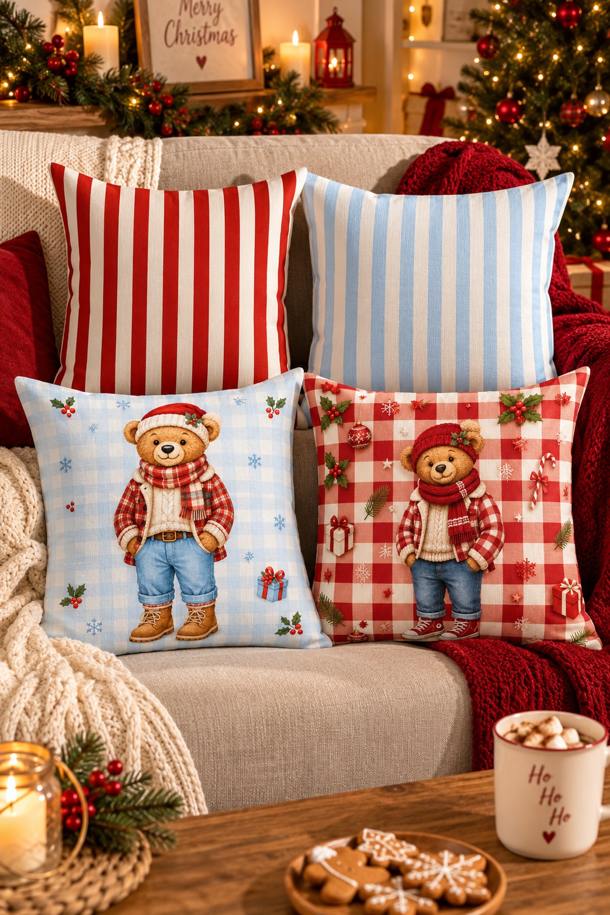 Evdek Christmas Çift Tarafı Baskılı 4’lü Kırlent Kılıfı 6ECHD2 - 7065844