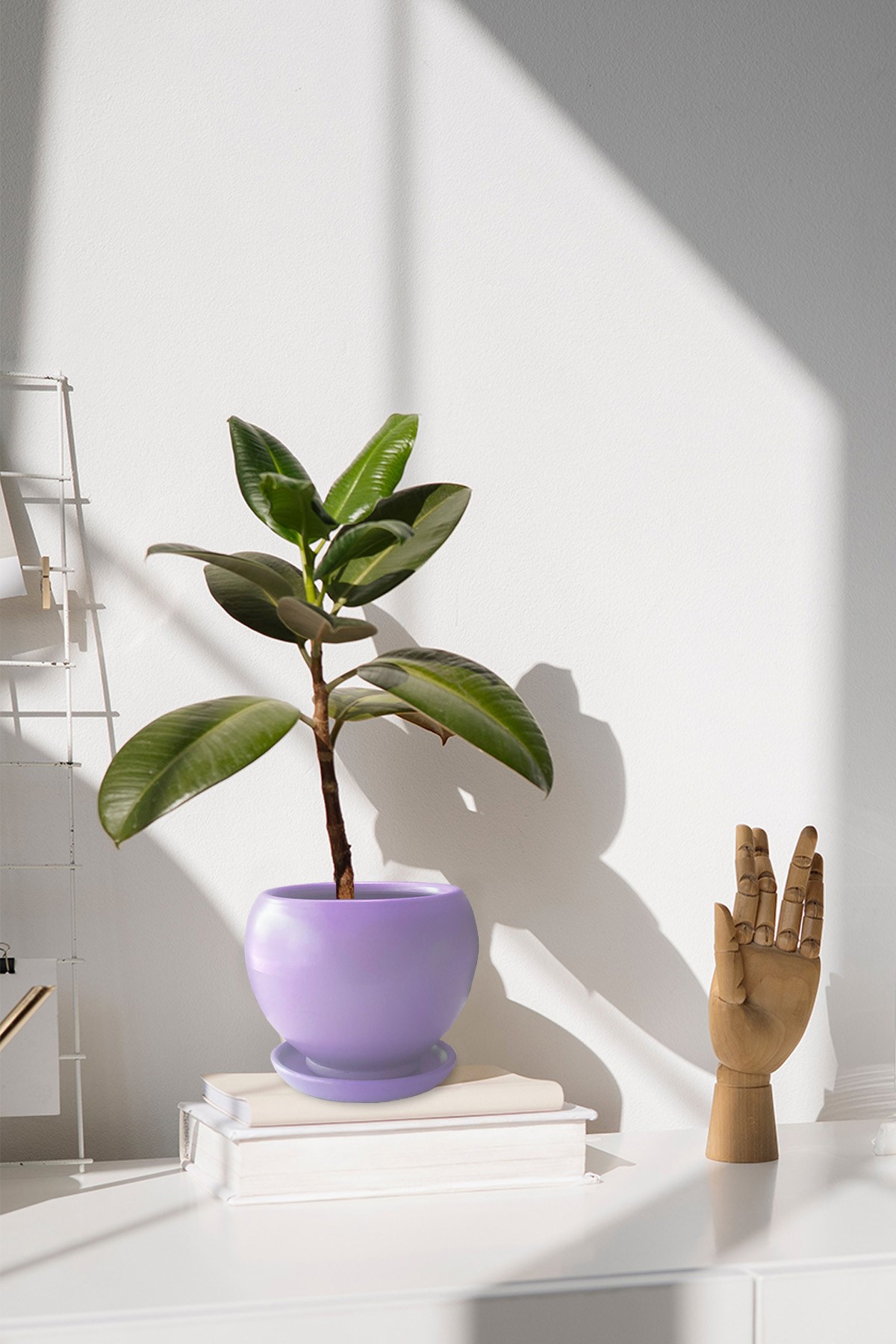 Evdek Tabaklı Lila Tombul Çömlek Saksı 18x17 Cm