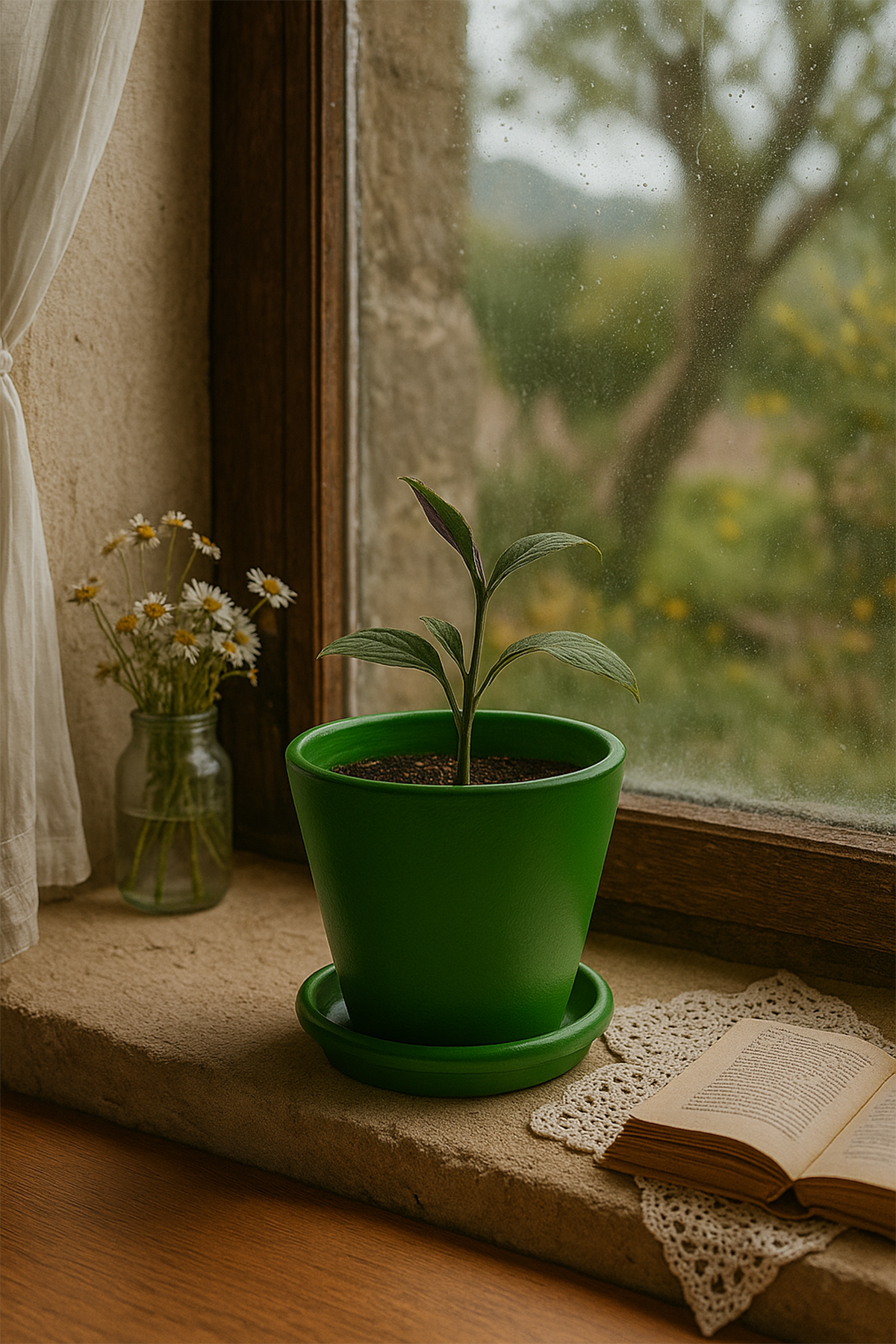 Evdek Tabaklı Yeşil Konik Çömlek Saksı 14x15 Cm