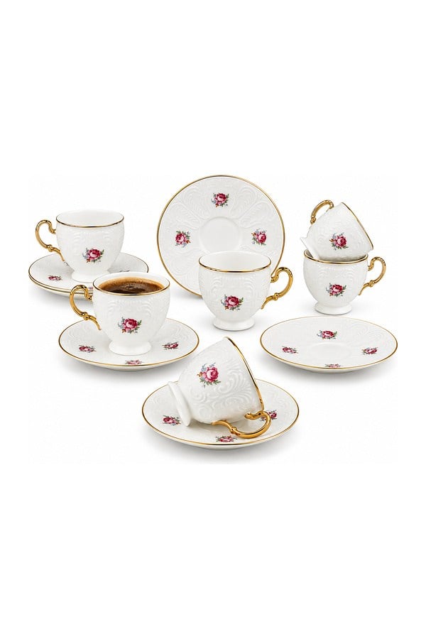 Kosova Embossed Rose Ayaklı Kahve Fincan Takımı 6'lı 90 cc - RSY-279