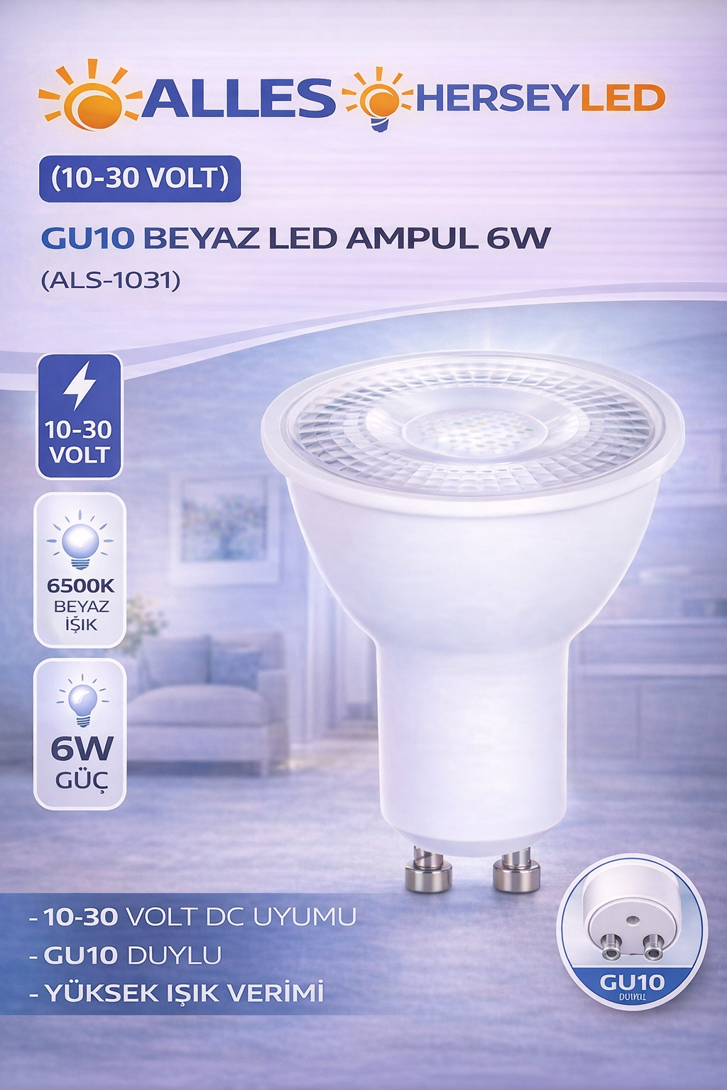 10-30 VOLT GU10 BEYAZ LED AMPUL 6W