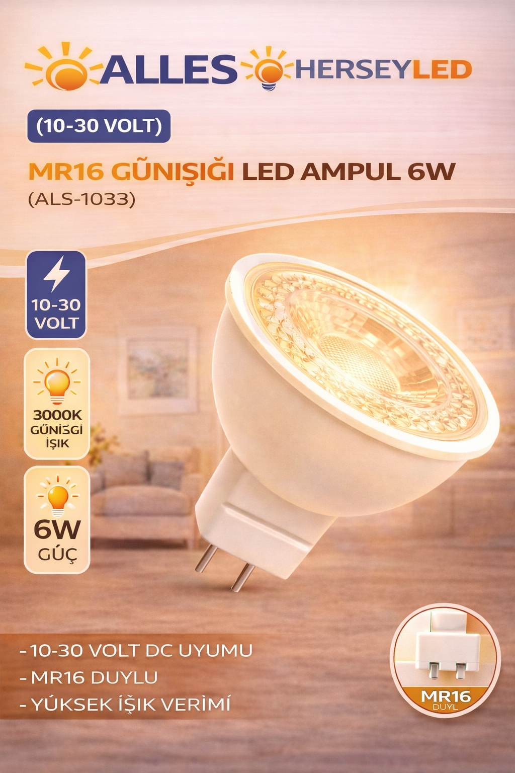 10-30 VOLT MR16 GÜNIŞIĞI LED AMPUL 6W