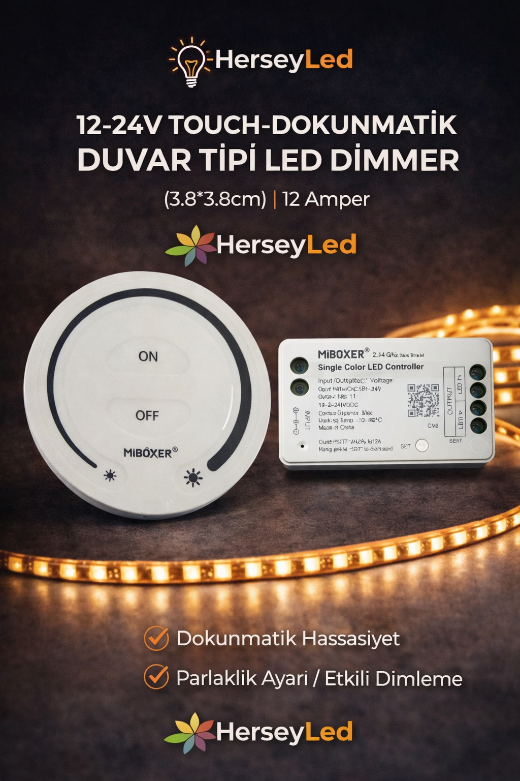 12-24V TOUCH-DOKUNMATİK DUVAR TİPİ LED DİMMER (3.8 - 3.8cm)