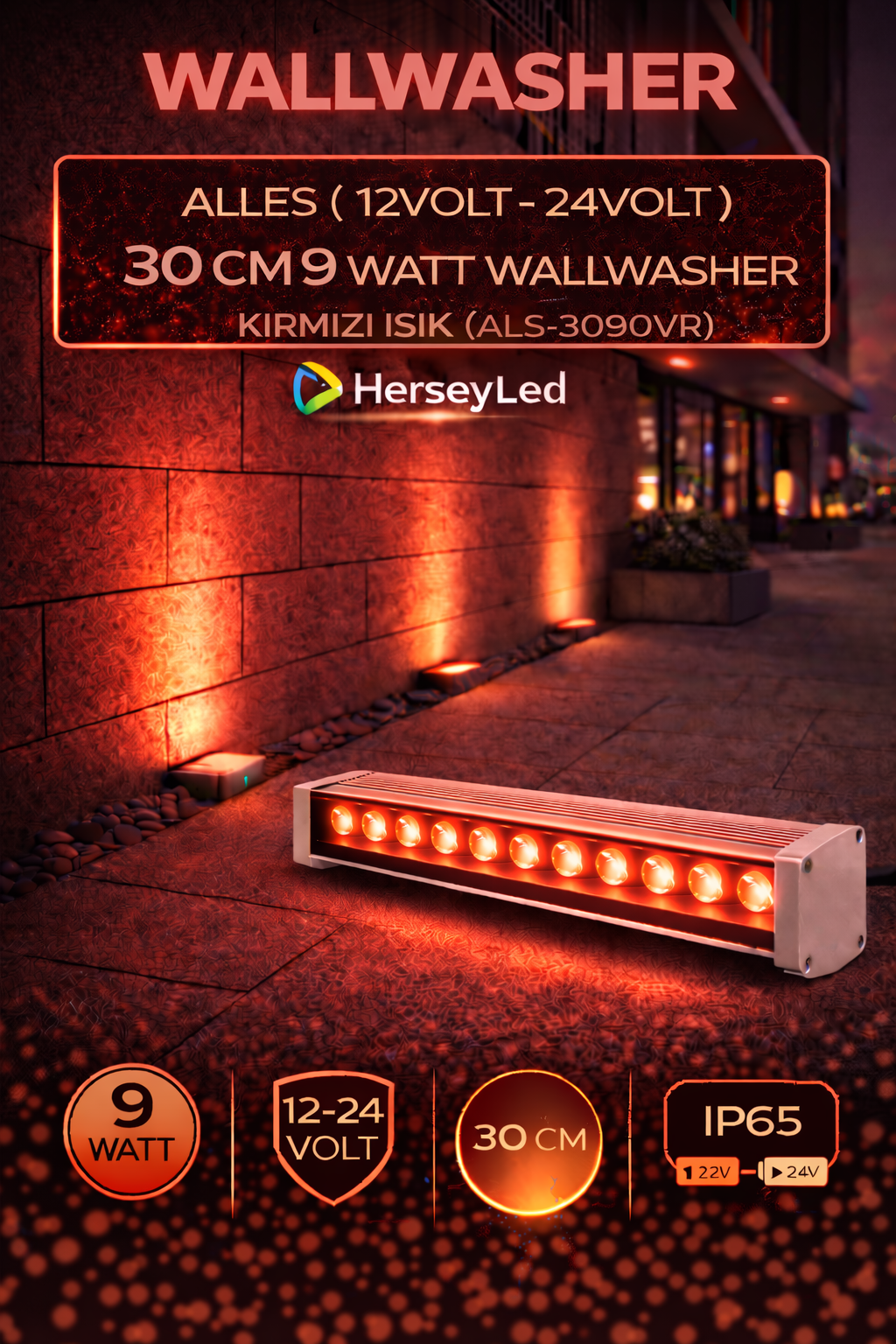 12V / 24V WALLWASHER 30 CM 9 WATT  - KIRMIZI IŞIK