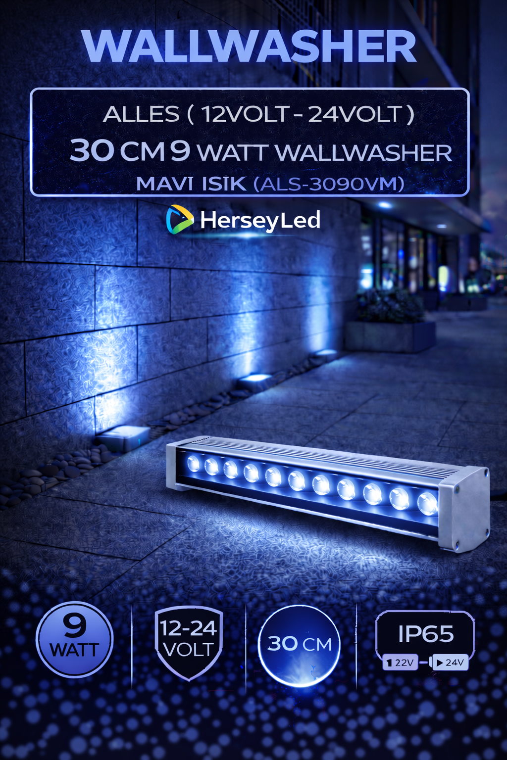 12V / 24V WALLWASHER 30 CM 9 WATT  - MAVİ IŞIK