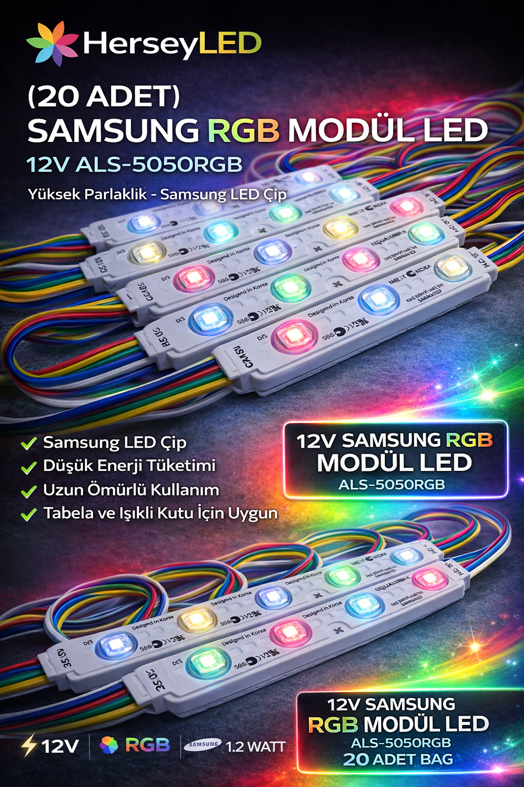12V SAMSUNG RGB MODÜL LED ( ALS-5050RGB) 20 ADET BAĞ