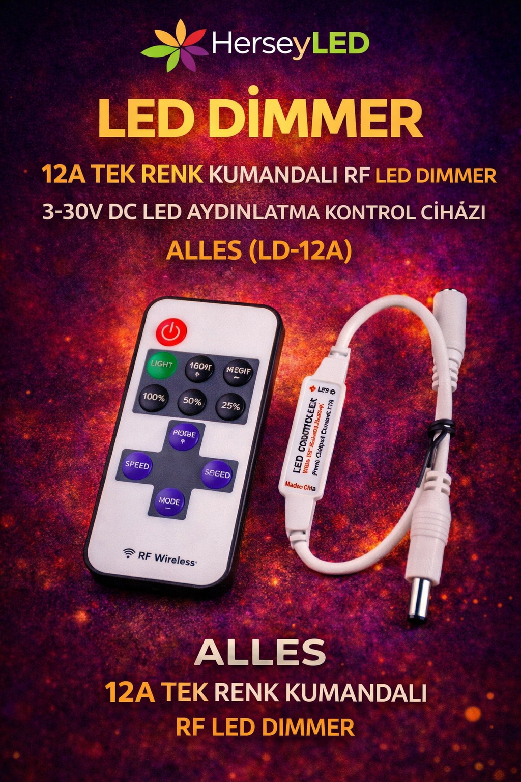 12A Tek Renk Kumandalı RF Dimmer – 3-30V DC LED Aydınlatma Kontrol Cihazı