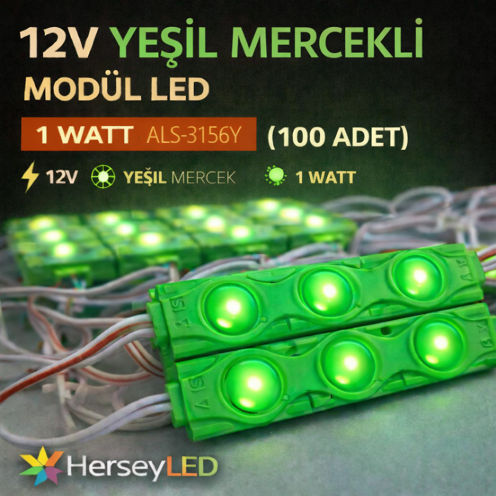 12V Yeşil 1 Watt Mercekli Modül LED 100 Adet – Canlı ve Odaklı Işık