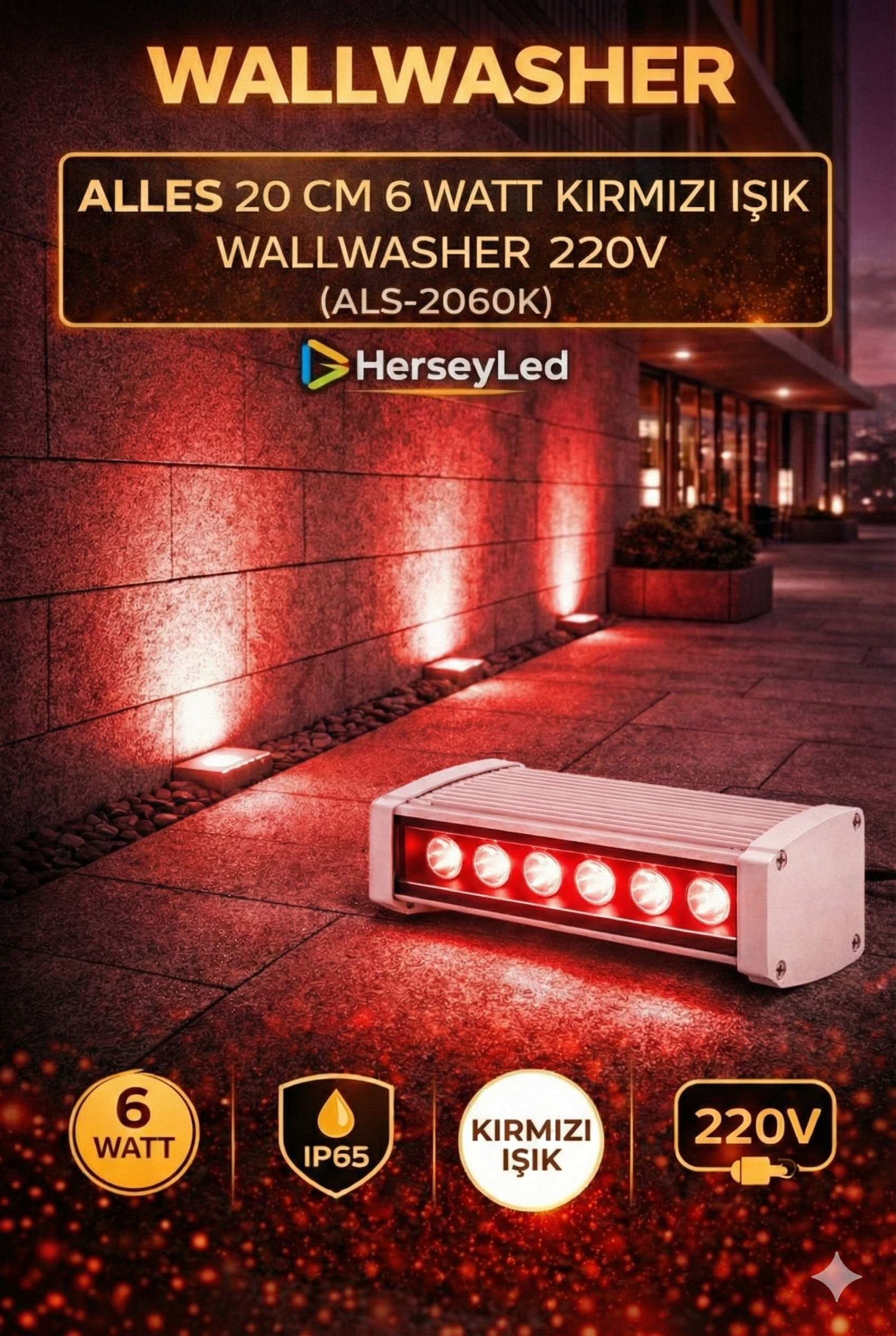 20 CM 6 WATT KIRMIZI IŞIK WALLWASHER 220V (ALS-2060K)