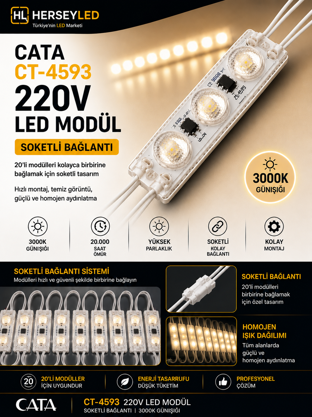 220V MODUL LED GÜNIŞIĞI 3000K MERCEKLİ CT-4593 ( 20Lİ BAĞ ) CATA