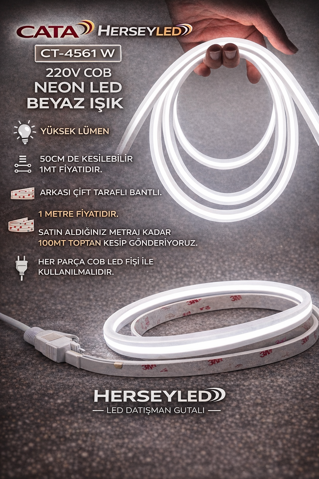 220V COB NEON LED BEYAZ YÜKSEK LÜMEN 50CM DE KESİLEBİLİR - 1MT FİYATIDIR -  CATA CT-4561