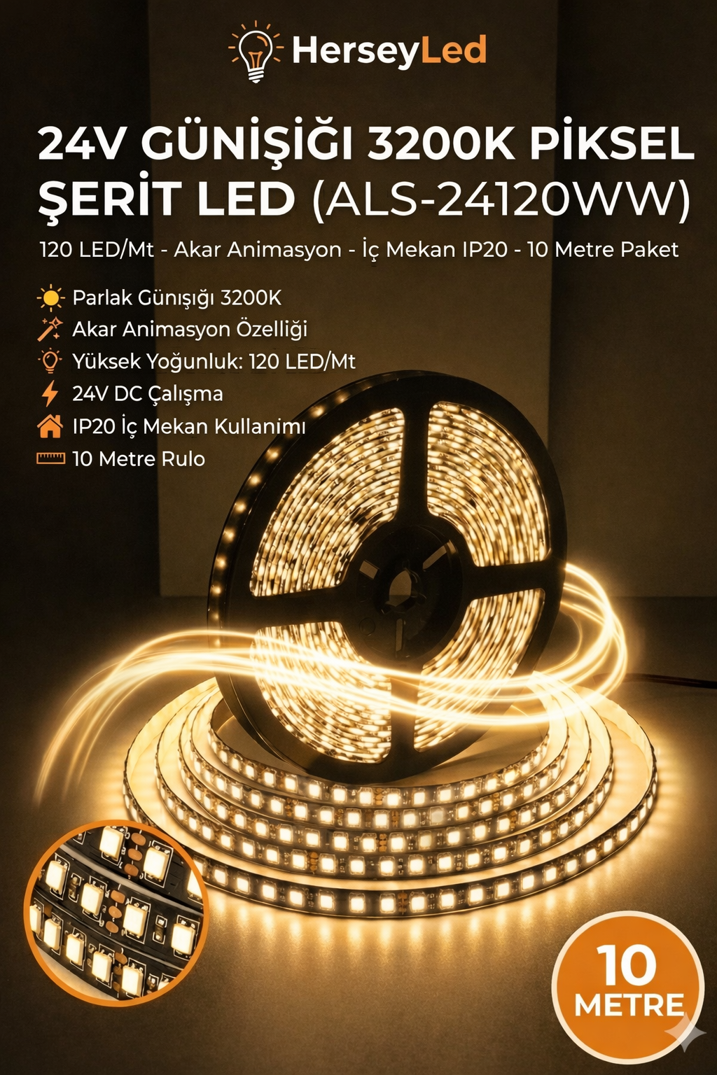 24 Volt GÜNIŞIĞI Akar Yürüyen Piksel Şerit Led 2835 Çip 120 Led (10 Metre)