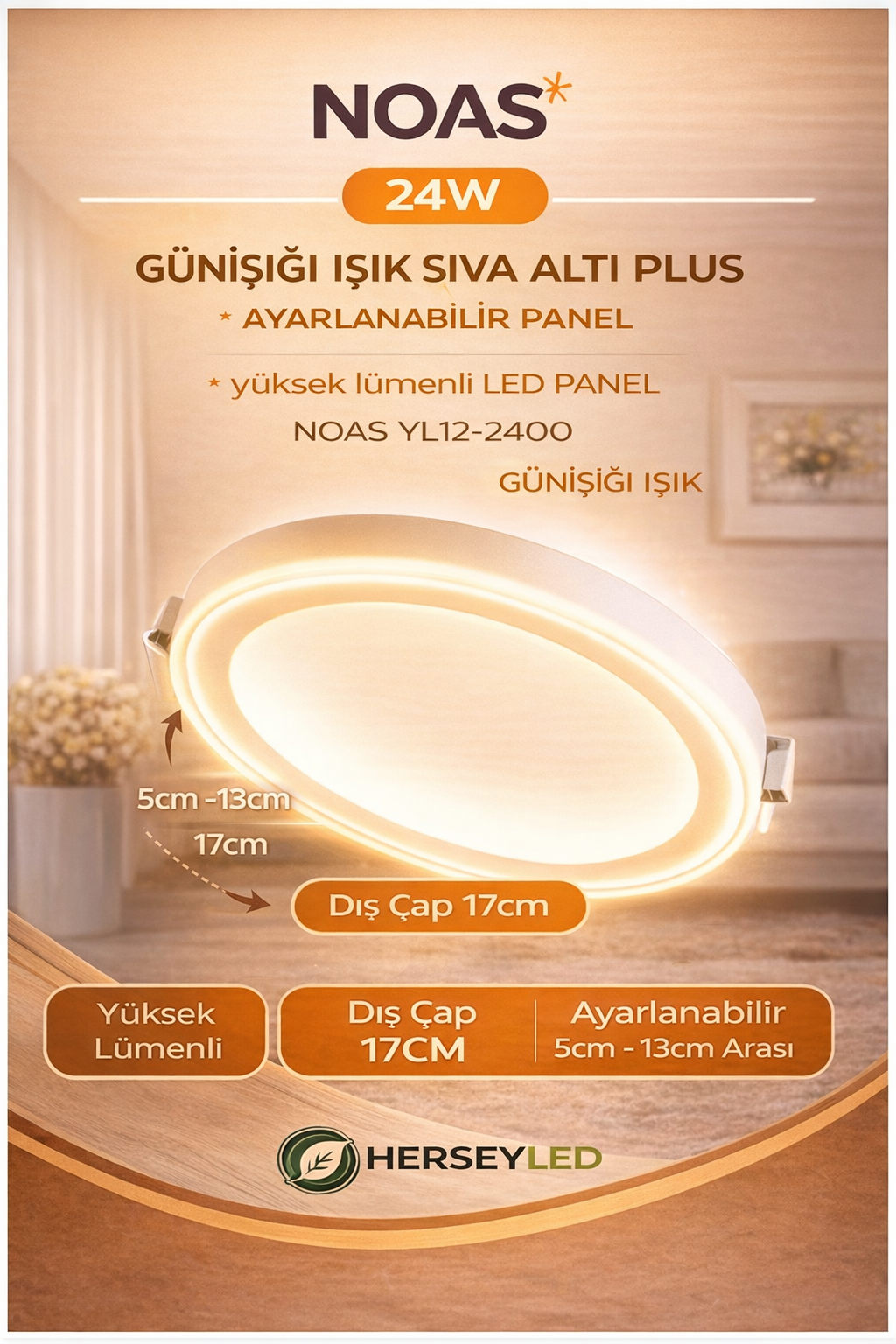 24W GÜNIŞIĞI IŞIK SIVA ALTI PLUS AYARLANABİLİR PANEL NOAS YL12-2400