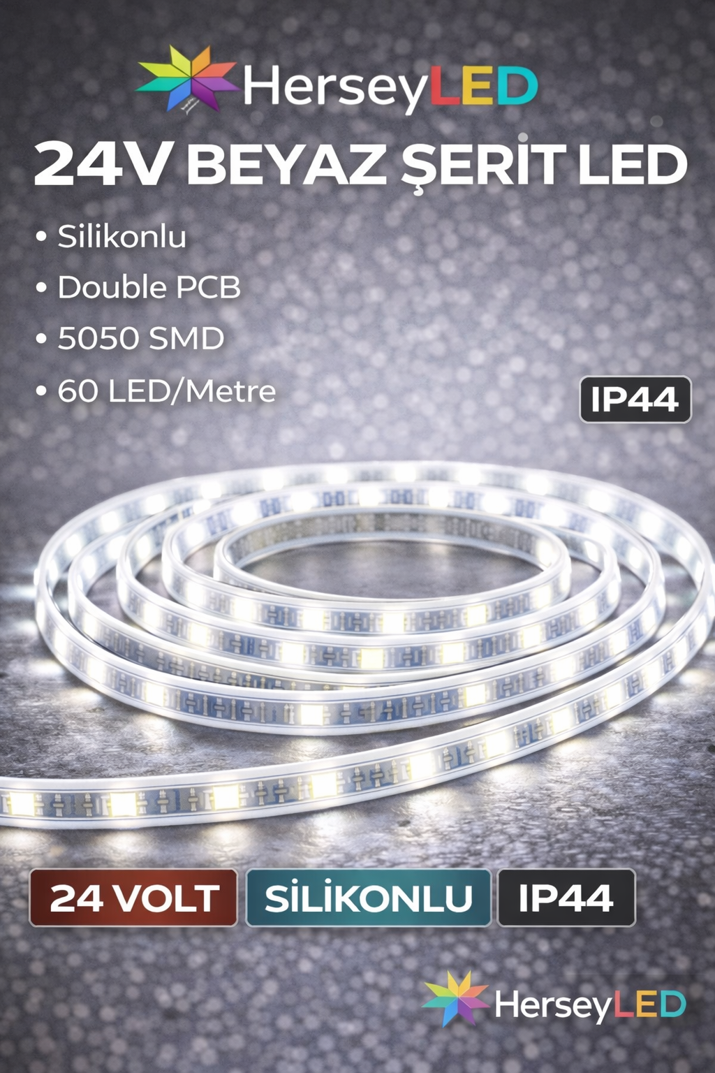 24V 5050 SİLİKONLU BEYAZ ŞERİT LED DOUBLE PCB  5MT/PK HT-1881