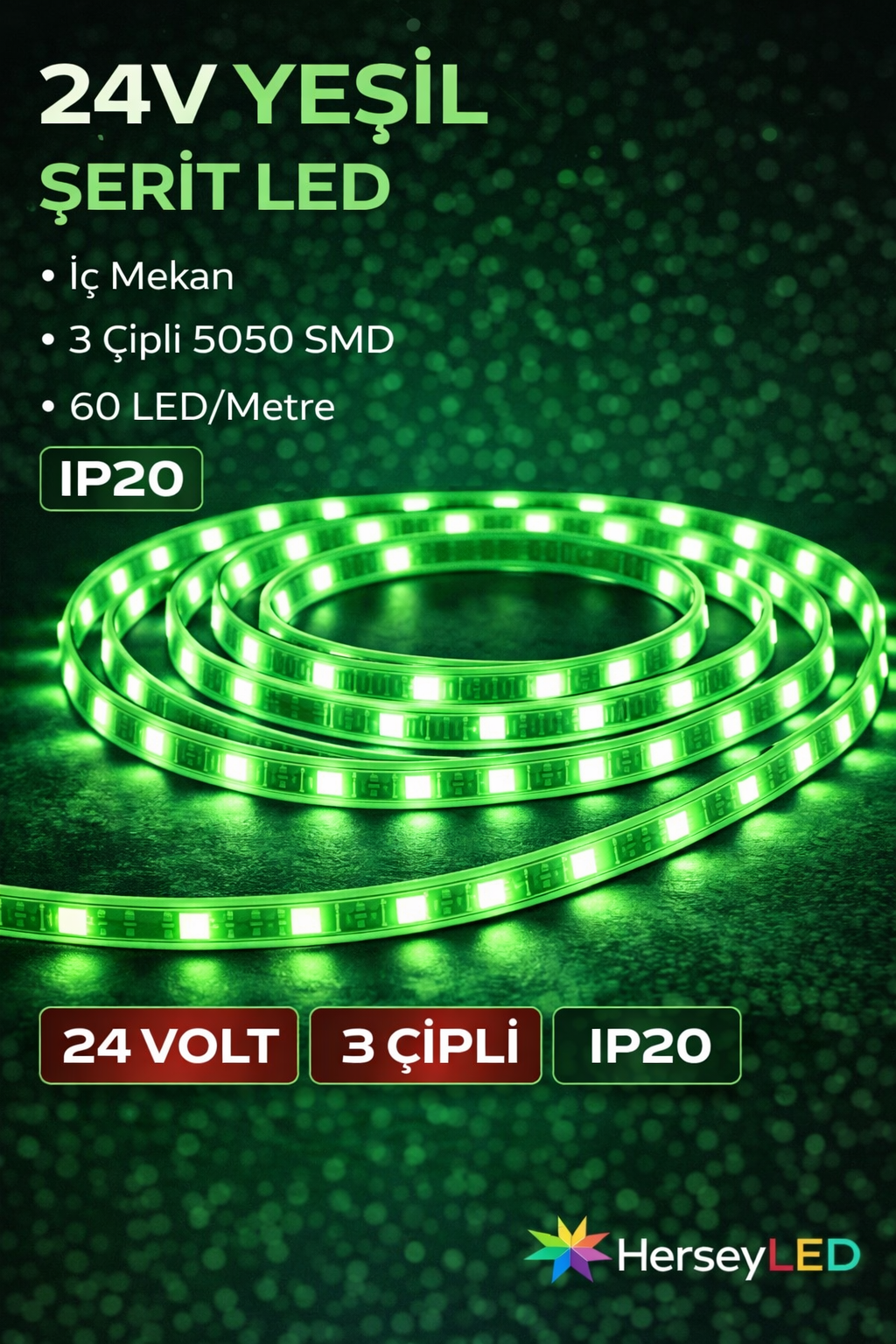 24V Yeşil Şerit LED – İç Mekan, 3 Çipli 5050 SMD, 60 LED/Metre, IP20