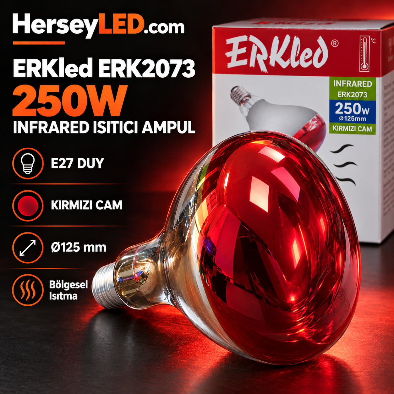 250W E27 Infrared Isıtıcı Ampul – Kırmızı Cam – Ø125 mm ERK2073