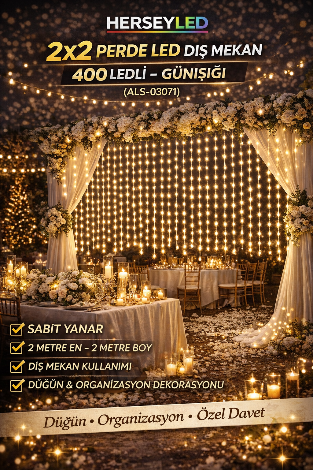 2x2 PERDE LED DIŞ MEKAN 400 LEDLİ  GÜNIŞIĞI