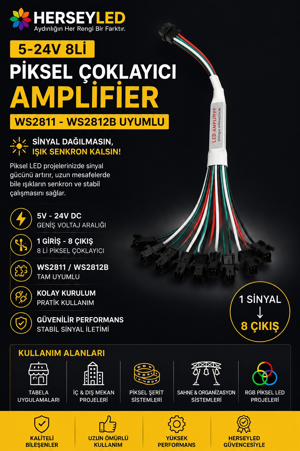 5-24V 8li Pixel Çoklayıcı Amplifier WS2811-WS2812B Pixel Led Çoklayıcı