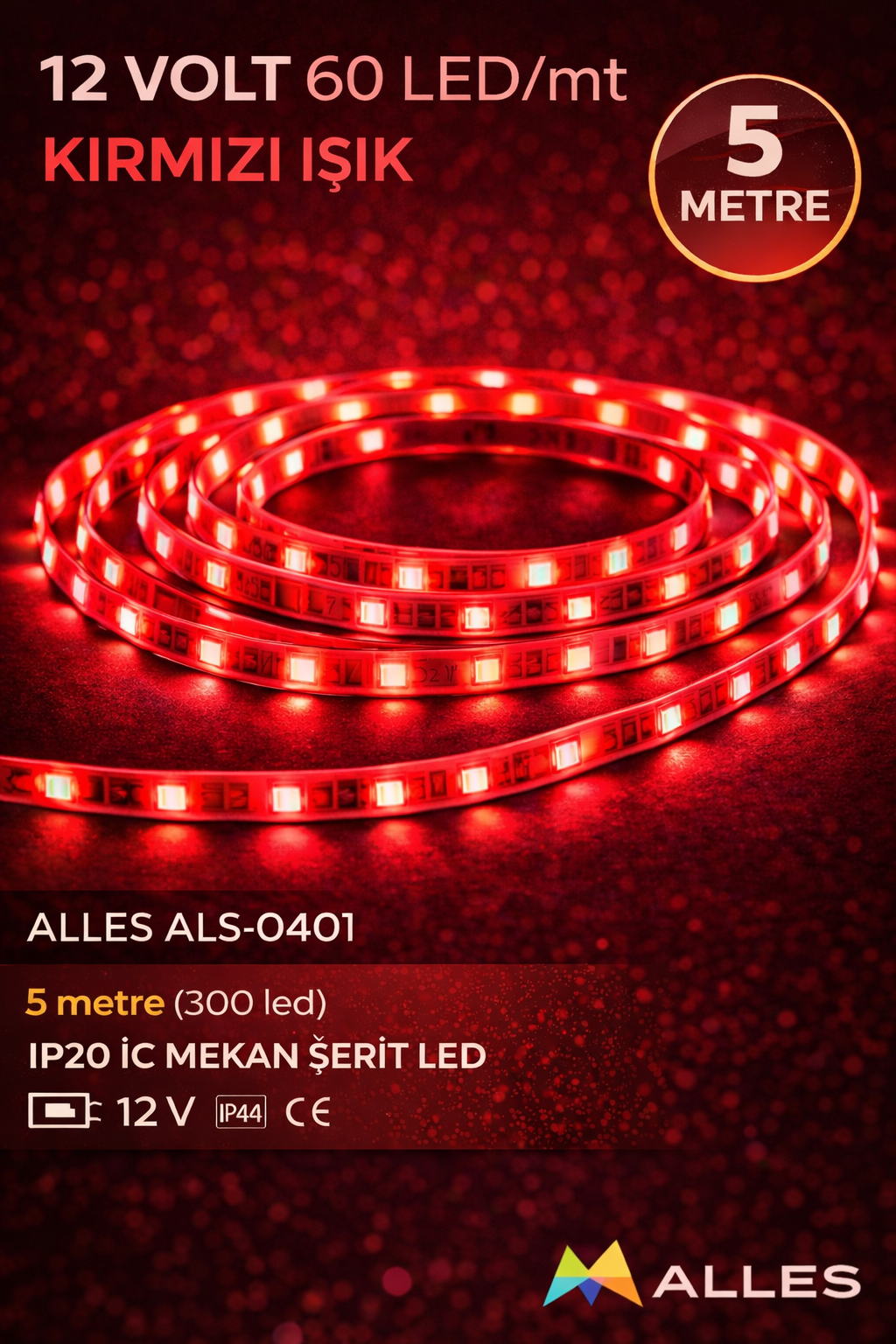 5MT ALLES İÇ MEKAN KIRMIZI ŞERİT LED 12V 5050/60 5 METRE