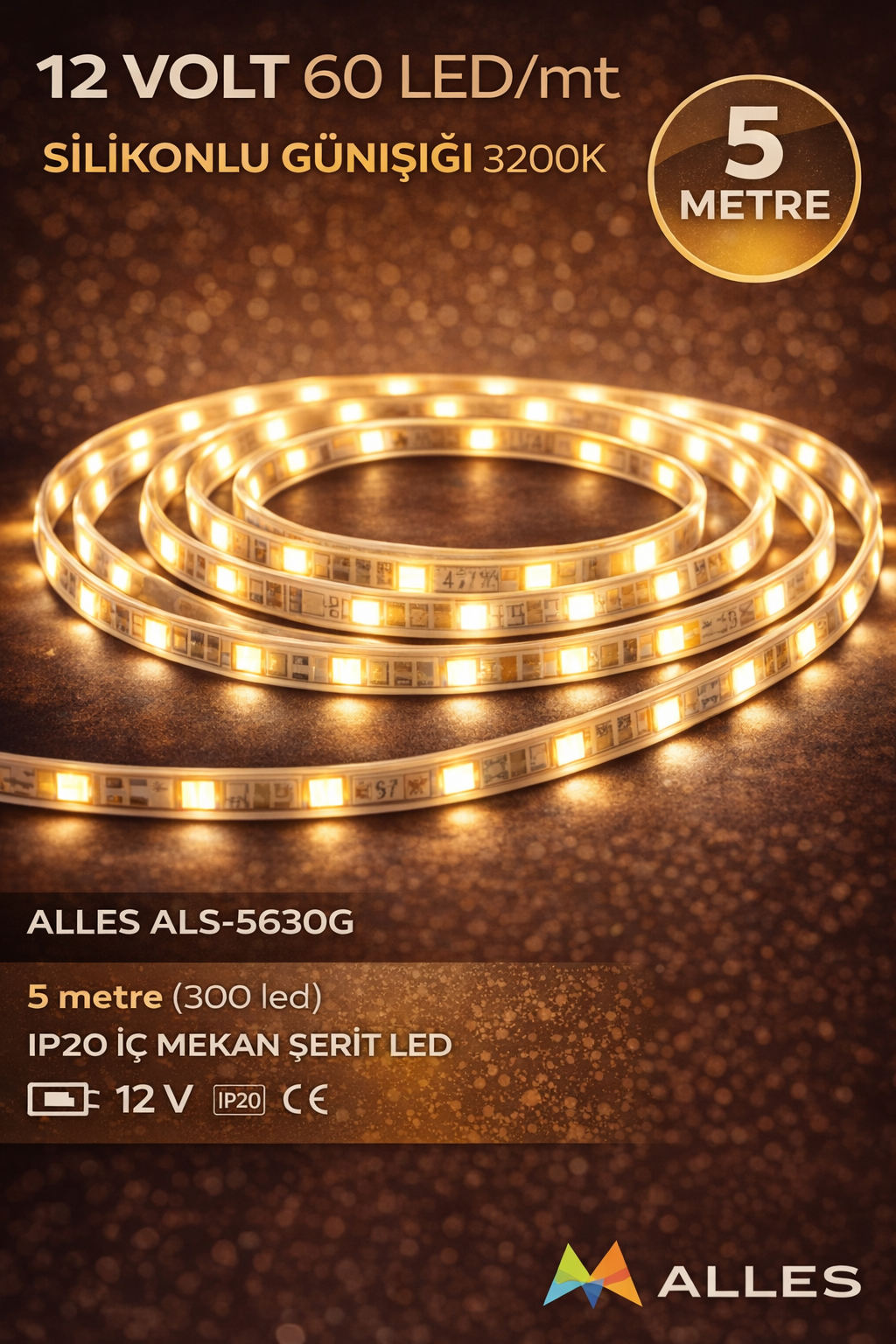 5MT ALLES SİLİKONLU GÜNIŞIĞI ŞERİT LED 12V 5630/60 5 METRE