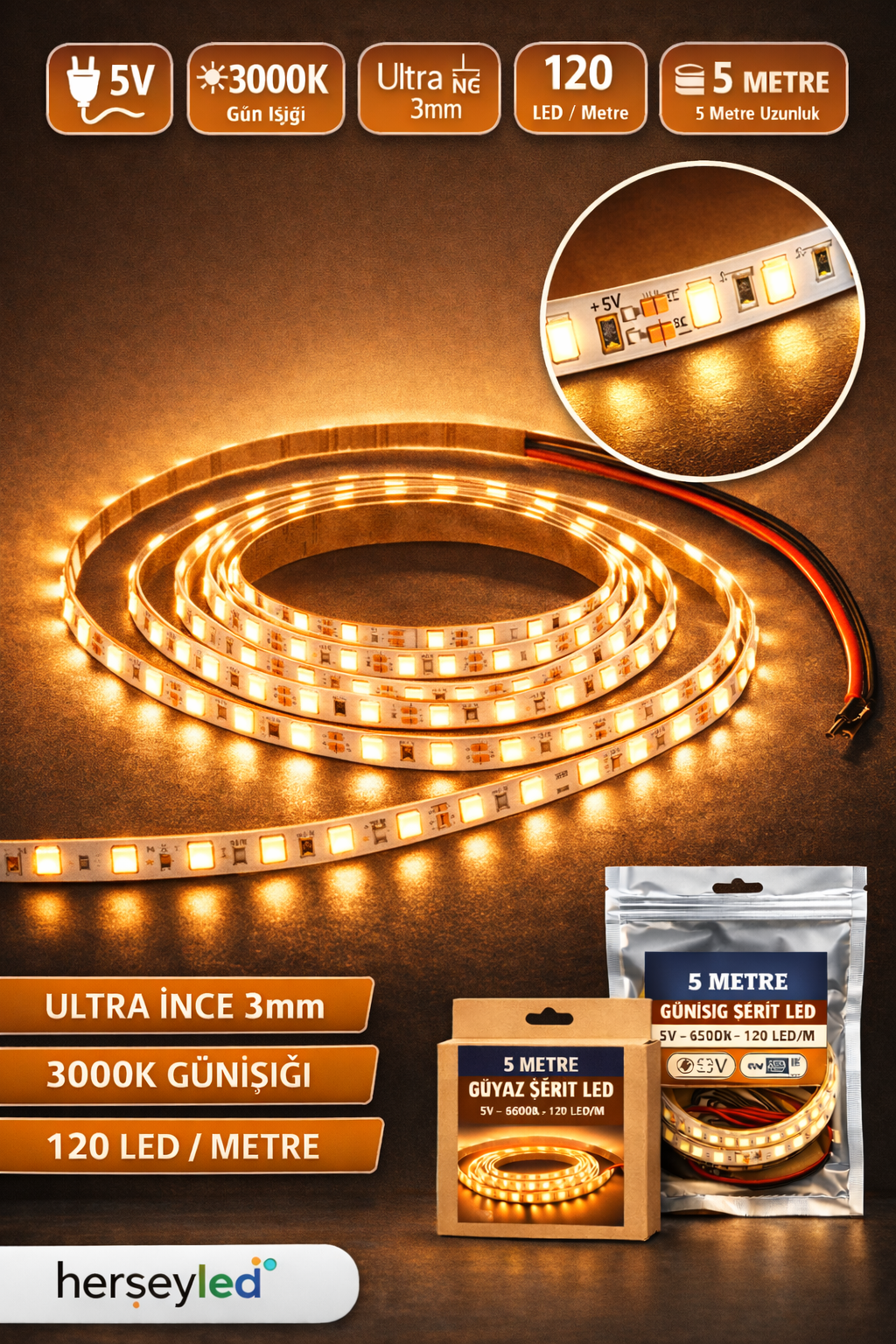 5V 3mm Günışığı Şerit LED – 3000K, 120 LED/Metre, Ultra İnce, 5 Metre