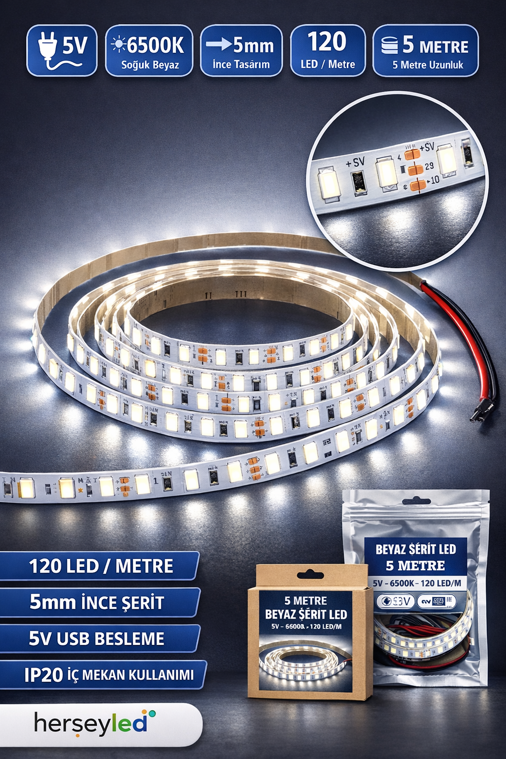 5V Beyaz Şerit LED – 5mm, 120 LED/Metre, 6500K, IP20, İç Mekan, 5 Metre Paket