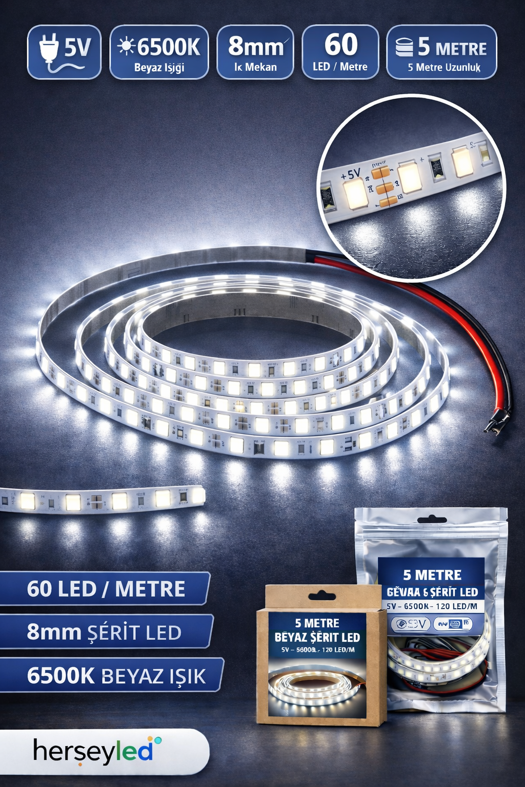 5V Beyaz Şerit LED – 6500K, 8mm, 60 LED/Metre, İç Mekan, 5 Metre Paket