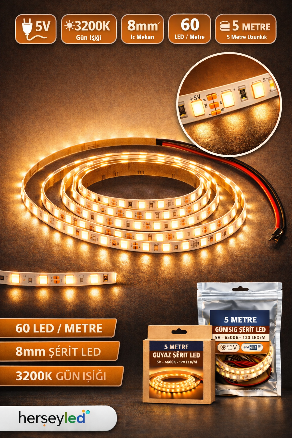 5V Günışığı Şerit LED – 3200K, 8mm, 60 LED/Metre, İç Mekan, 5 Metre Paket