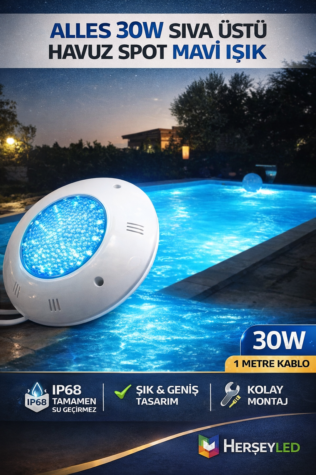 ALLES 30W SIVA ÜSTÜ HAVUZ SPOT MAVİ IŞIK ( ALS-30HM )