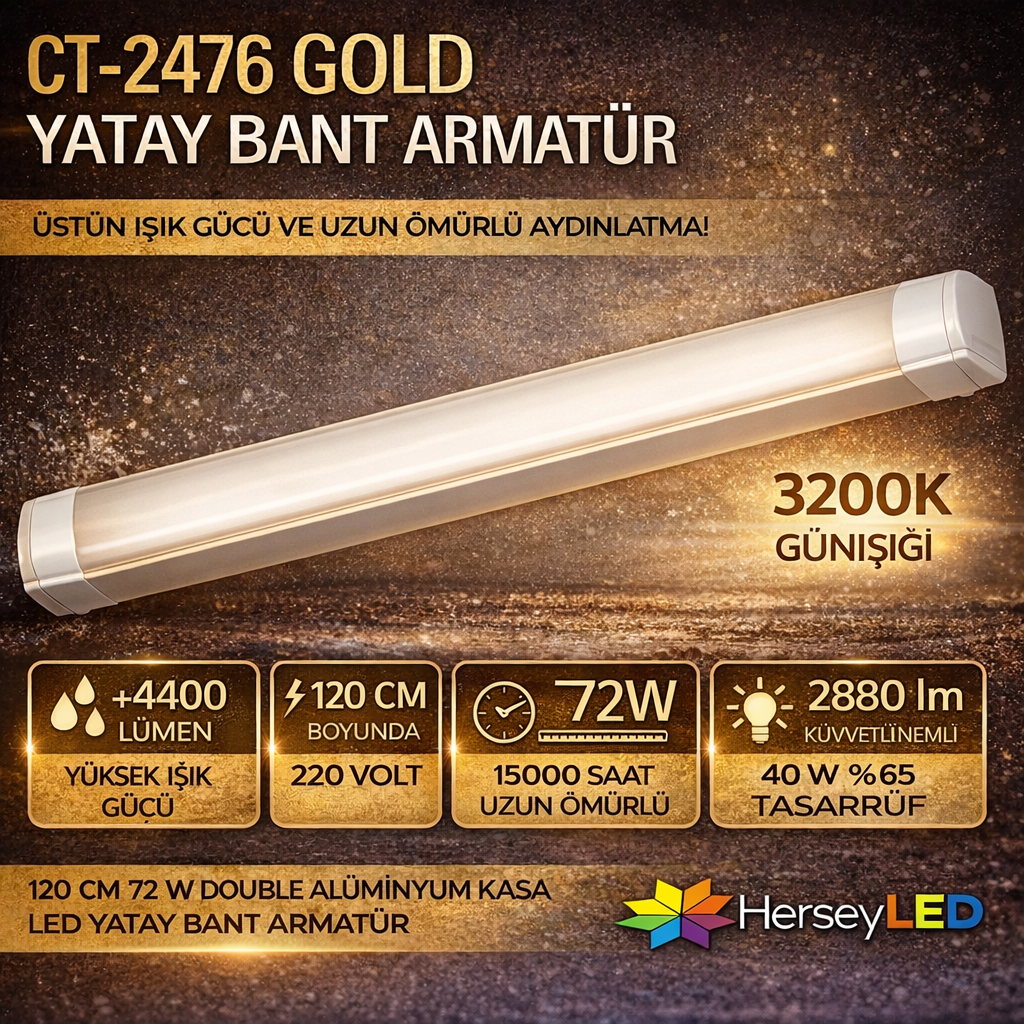 CATA CT-2476 GOLD YATAY BANT ARMATÜR 72W - GÜNIŞIĞI IŞIK 6500K - DOUBLE ALİMİNYUM KASA CT-2476