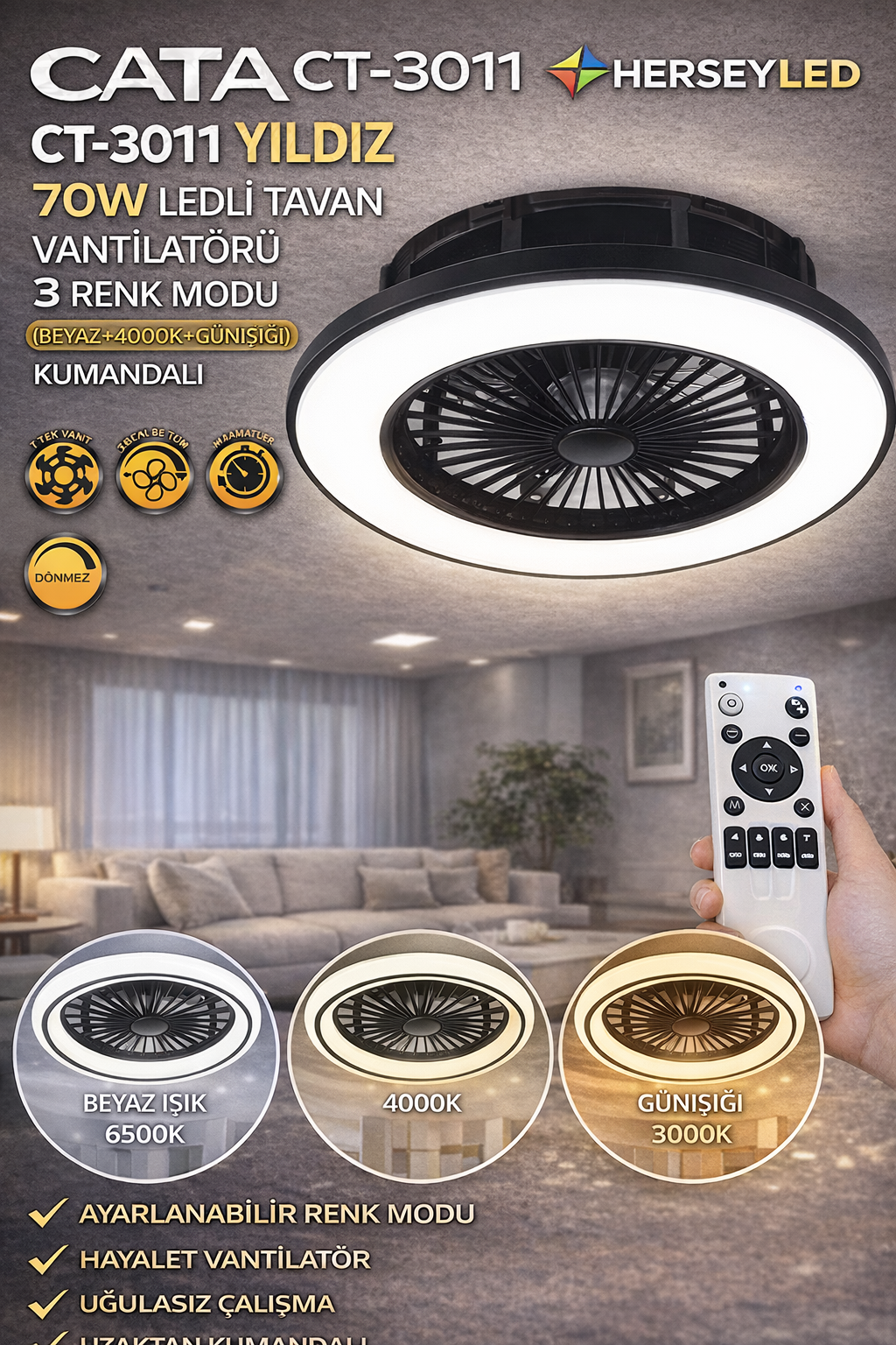 CATA CT-3011 YILDIZ LEDLİ TAVAN VANTİLATÖRÜ 3RENK MODU ( BEYAZ+4000K+GÜNIŞIĞI) KUMANDALI