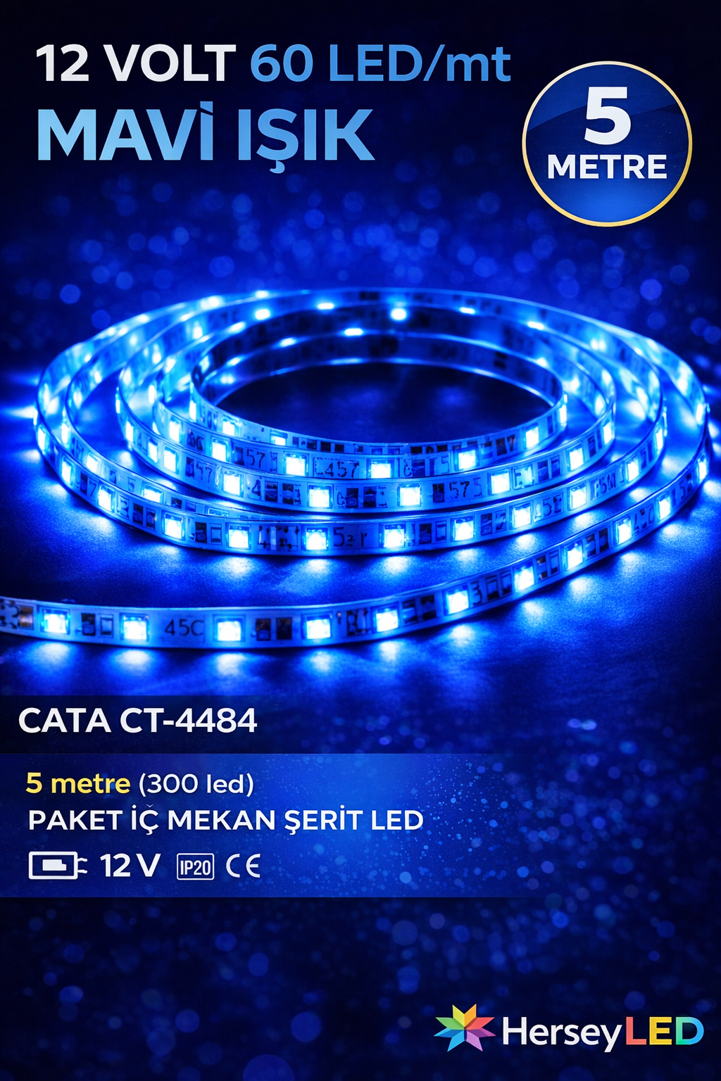 CATA CT-4484 Mavi Şerit LED - 12V - 60 LED/mt - 5 Metre (300 LED)- #124; İç Mekan LED Aydınlatma