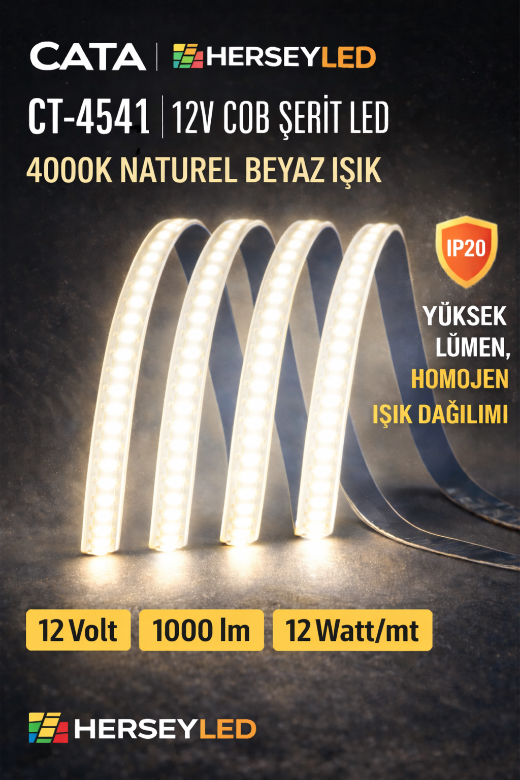 CATA (CT-4541) 12V COB ŞERİT LED 4000K (NATUREL BEYAZ) IŞIK (5 Metre Paket) YÜKSEK LÜMEN