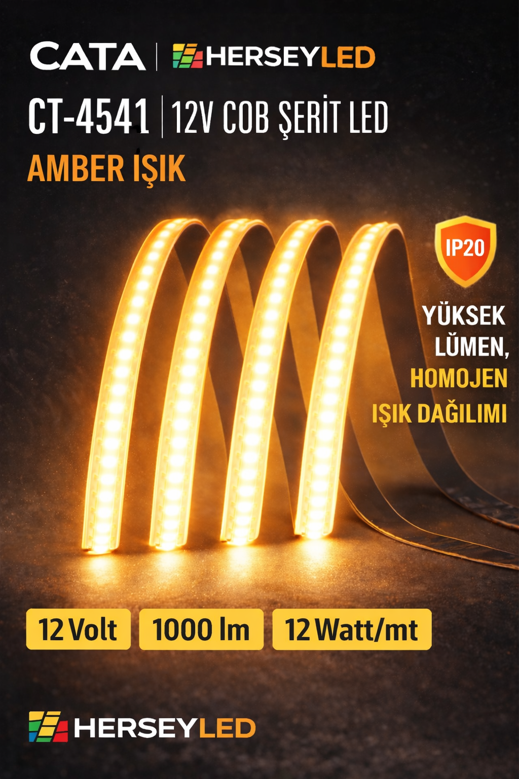 CATA (CT-4541) 12V COB ŞERİT LED AMBER IŞIK (5 Metre Paket) YÜKSEK LÜMEN